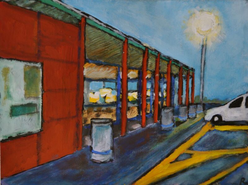 Out Of The Night. Autobahn Imperia–Mailand, 2012, Tempera auf Papier, 23 x 30,5 cm, Malerei aus der Serie «Out Of The Night. Autobahn Imperia–Mailand»