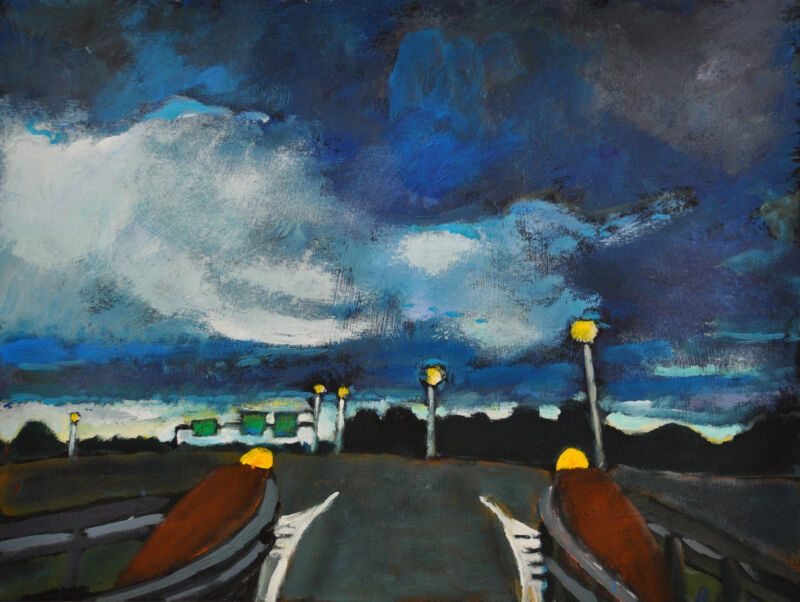 Out Of The Night. Autobahn Imperia–Mailand, 2012, Tempera auf Papier, 23 x 30,5 cm, Malerei aus der Serie «Out Of The Night. Autobahn Imperia–Mailand»