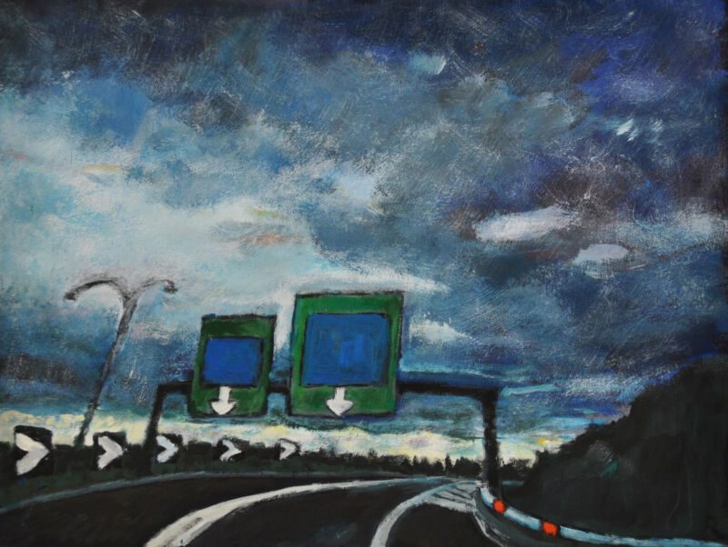 Out Of The Night. Autobahn Imperia–Mailand, 2012, Tempera auf Papier, 23 x 30,5 cm, Malerei aus der Serie «Out Of The Night. Autobahn Imperia–Mailand»