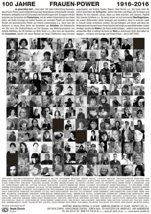 Flyer «100 Jahre Frauen-Power 1916–2016» mit Porträtfotos der beteiligten Künstlerinnen und Informationen zur Ausstellung im Art Dock Zürich