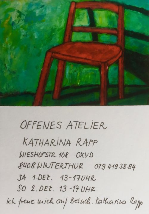 Karte «Offenes Atelier Katharina Rapp», oxyd, Wieshofstrasse 108, Winterthur, 1. und 2. Dezember, mit gemaltem roten Stuhl