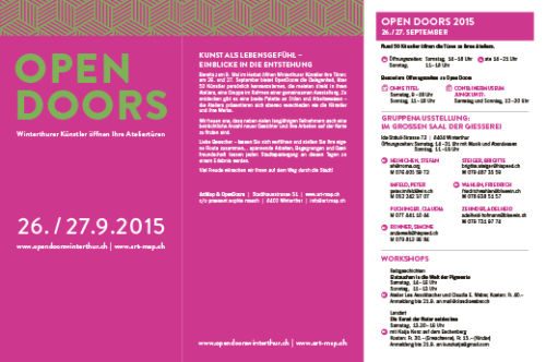 Flyer «Open Doors 2015 – Winterthurer Künstler öffnen ihre Ateliertüren», 26./27. September 2015, mit Programm und Gruppenausstellung