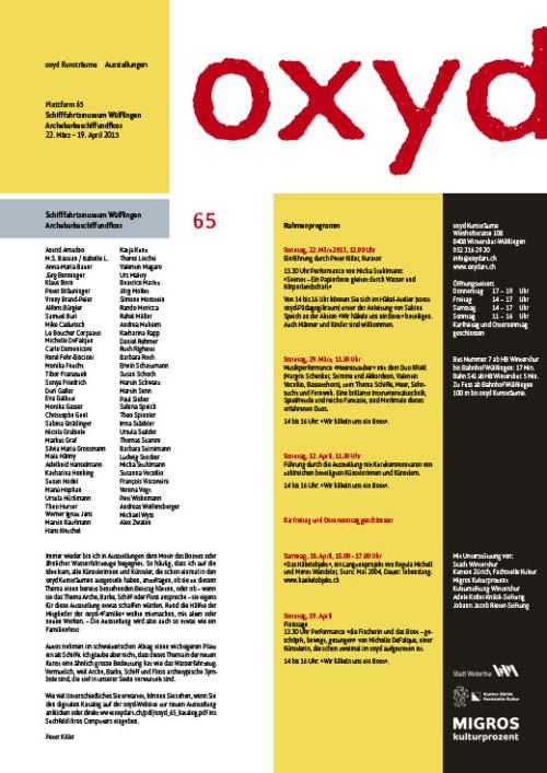 Programmblatt der oxyd Kunsträume zur Ausstellung «Archebarkeschiffundfloss», Schifffahrtsmuseum Wülflingen, 22. März – 19. April 2015