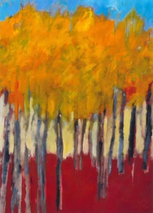 Gemälde von Katharina Rapp: schlanke Baumstämme mit leuchtend orange-gelbem Laub vor blauem Himmel über rotem Grund