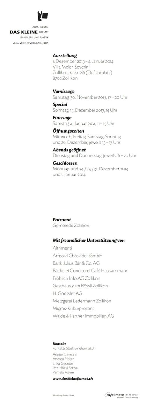 Rückseite des Flyers «Das kleine Format» mit Daten zu Vernissage, Finissage, Öffnungszeiten und Sponsoren, Villa Meier-Severini Zollikon