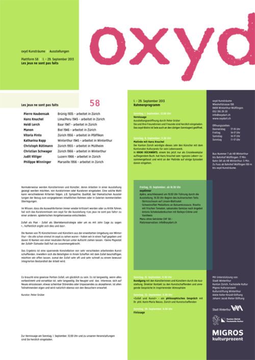 Programmblatt der oxyd Kunsträume Winterthur zur Ausstellung «Les jeux ne sont pas faits», Plattform 58, mit Liste der Kunstschaffenden
