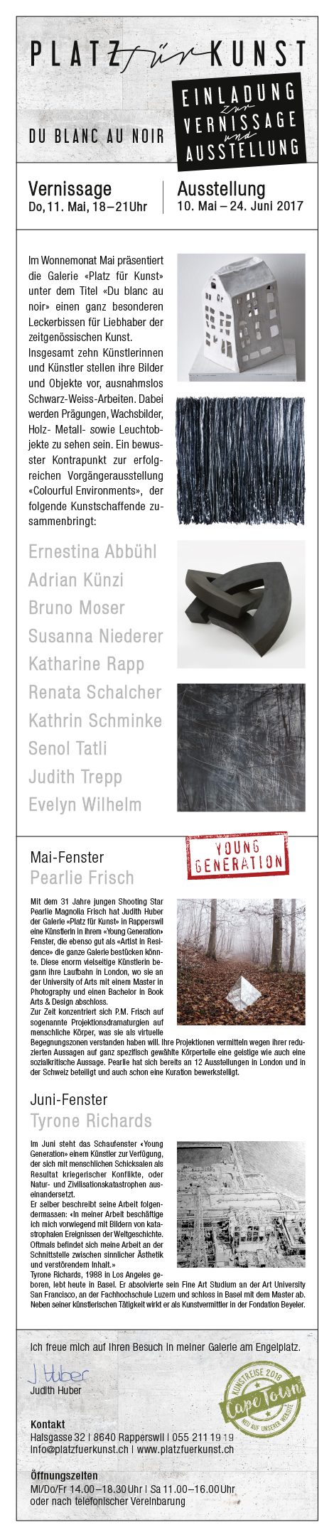 Schmaler Flyer zur Ausstellung «Platz für Kunst» mit Abbildungen von Werken der beteiligten Kunstschaffenden
