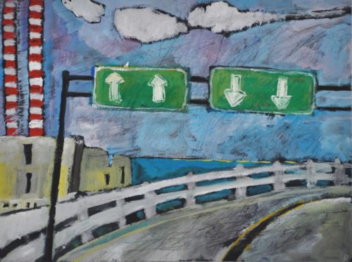 Pastellmalerei einer geschwungenen Strasse mit grünen Pfeilschildern, Geländer und rot-weiss gestreiften Kaminen