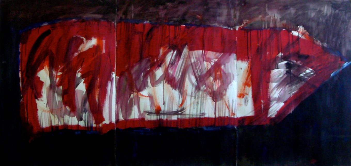 Gestürzter Turm, 2009, Gouache auf Papier, 100 x 212 cm, Malerei aus der Serie «Häuser»