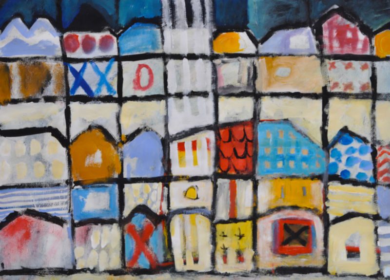 Farbige Stadt, 2008, Gouache auf Papier, 50 x 70 cm, Malerei aus der Serie «Häuser»