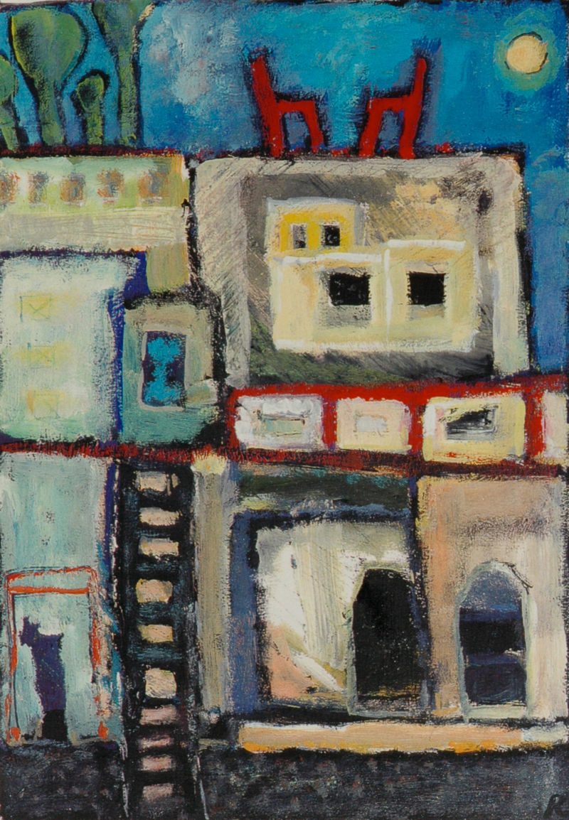 Abendgespräch, 2002, Tempera auf Papier, 33 x 22 cm, Malerei aus der Serie «Häuser»