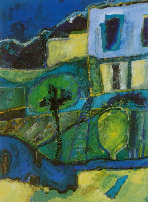 Blaues Haus, 2002, Tempera auf Papier, 30 x 22 cm, Malerei aus der Serie «Häuser»