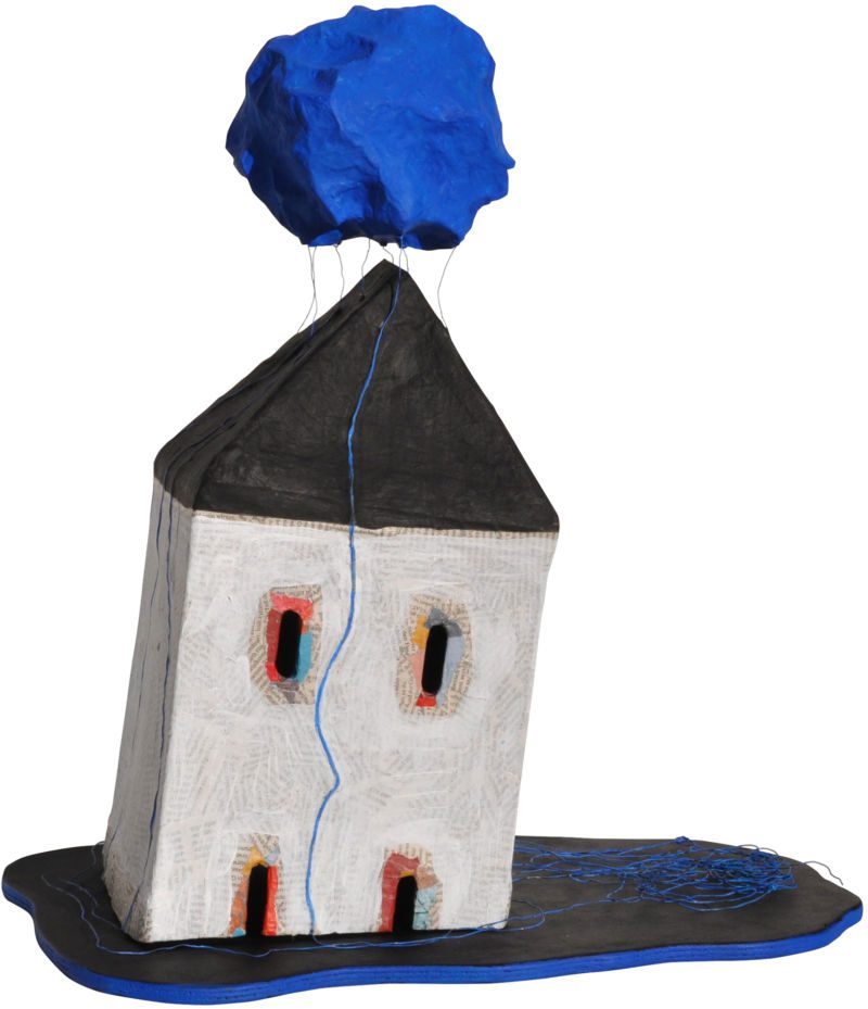 Haus mit blauer Wolke, 2015, Karton, Papier, Draht, Holz, Leim, Acryl, ca. 50 x 46 x 30 cm, Objekt aus der Serie «Häuser I»