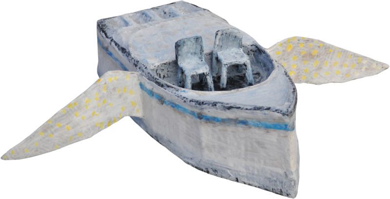 Fliegendes Schiff, 2016, Karton, Papier, Leim, Draht, Acryl, ca. 12 x 44 x 36 cm, Objekt aus der Serie «Häuser I»