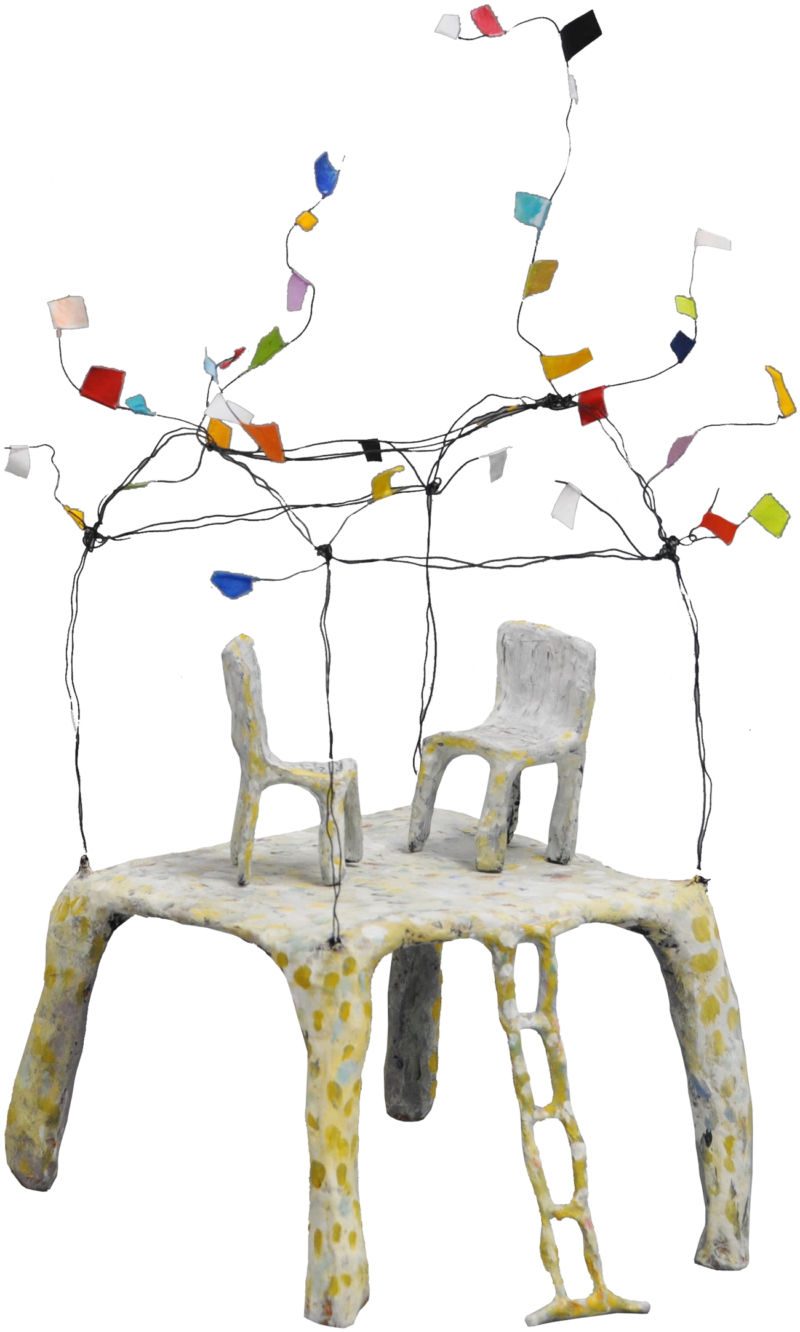 Einladung zum Sommergespräch, 2015, Draht, Papier, Leim, Acryl, ca. 45 x 23 x 24 cm, Objekt aus der Serie «Häuser I»