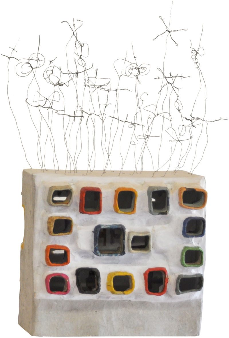 Antennenhaus, 2014, Karton, Papier, Draht, Leim, ca. 55 x 30 x 16 cm, Objekt aus der Serie «Häuser I»