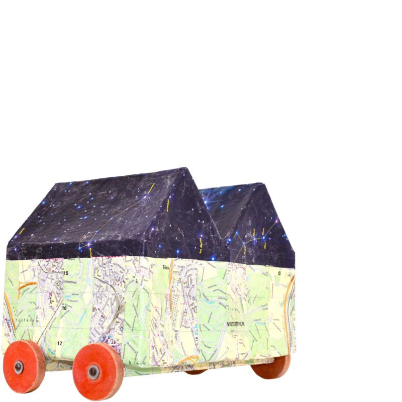 Himmel + Erde, 2011, Karton, Stadtplan, Sternenkarte, 21 x 18 x 27 cm, Objekt aus der Serie «Häuser III»