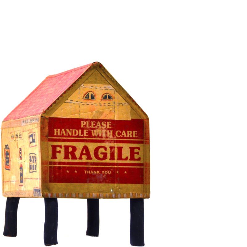 Handle with care, 2010, Kartonschachtel, Leim, Filzstift, Farbstift, Äste, 26 x 20 x 16 cm, Objekt aus der Serie «Häuser III»