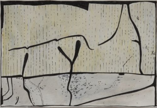 Erdzeichen, 2013, Tuschestift, Aquarellfarbstift auf Papier, 12,5 x 18 cm, Zeichnung aus der Serie «Erdzeichen»