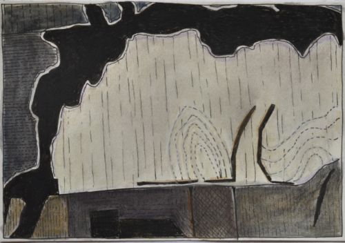 Erdzeichen, 2013, Tuschestift, Aquarellfarbstift auf Papier, 12,5 x 18 cm, Zeichnung aus der Serie «Erdzeichen»
