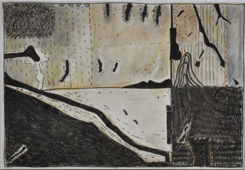 Erdzeichen, 2013, Tuschestift, Aquarellfarbstift auf Papier, 12,5 x 18 cm, Zeichnung aus der Serie «Erdzeichen»