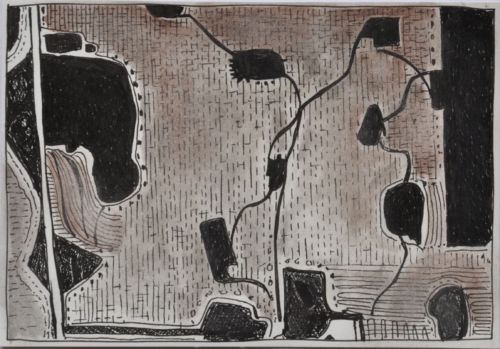 Erdzeichen, 2013, Tuschestift, Aquarellfarbstift auf Papier, 12,5 x 18 cm, Zeichnung aus der Serie «Erdzeichen»