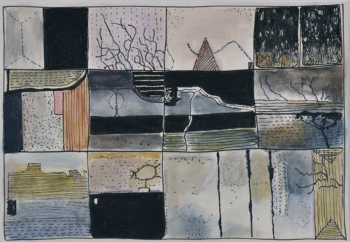 Erdzeichen, 2013, Tuschestift, Aquarellfarbstift auf Papier, 12,5 x 18 cm, Zeichnung aus der Serie «Erdzeichen»