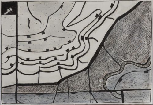 Erdzeichen, 2013, Tuschestift, Aquarellfarbstift auf Papier, 12,5 x 18 cm, Zeichnung aus der Serie «Erdzeichen»