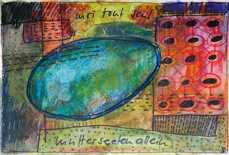 Moi tout seul – mutterseelenallein, 2006, Tuschestift, Aquarellfarbstift, 12,5 x 18 cm, Zeichnung aus der Serie «Moi tout seul»