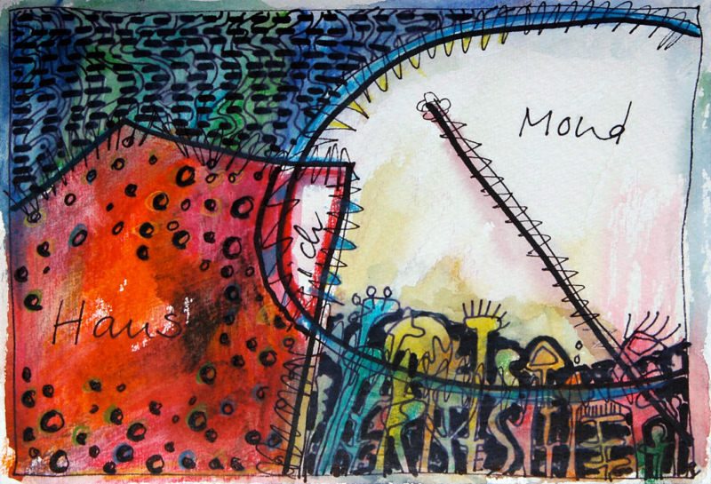 Moi tout seul – mutterseelenallein, 2006, Tuschestift, Aquarellfarbstift, 12,5 x 18 cm, Zeichnung aus der Serie «Moi tout seul»