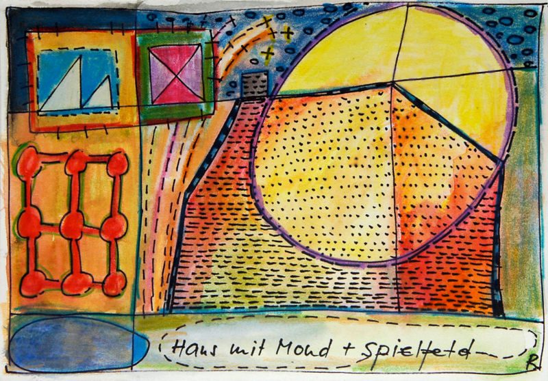Moi tout seul – mutterseelenallein, 2006, Tuschestift, Aquarellfarbstift, 12,5 x 18 cm, Zeichnung aus der Serie «Moi tout seul»