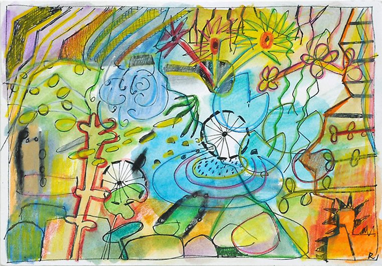 Sommerblumen (aus 12er-Serie), 2006, Tuschestift, Aquarellfarbstift, 12,5 x 18 cm, Zeichnung aus der Serie «Sommerblumen»