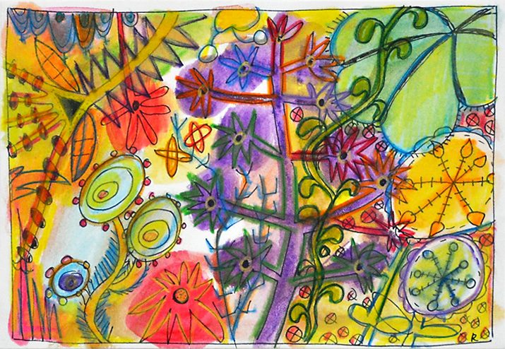 Sommerblumen (aus 12er-Serie), 2006, Tuschestift, Aquarellfarbstift, 12,5 x 18 cm, Zeichnung aus der Serie «Sommerblumen»