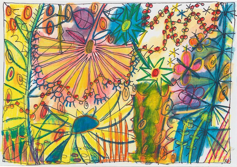 Sommerblumen (aus 12er-Serie), 2006, Tuschestift, Aquarellfarbstift, 12,5 x 18 cm, Zeichnung aus der Serie «Sommerblumen»