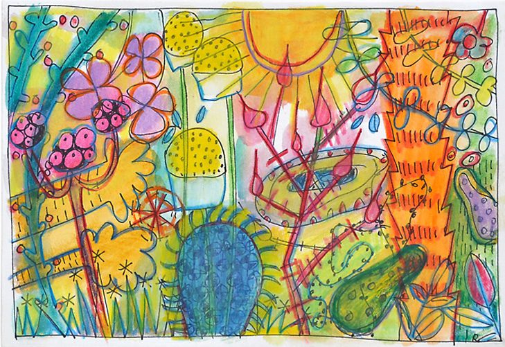Sommerblumen (aus 12er-Serie), 2006, Tuschestift, Aquarellfarbstift, 12,5 x 18 cm, Zeichnung aus der Serie «Sommerblumen»
