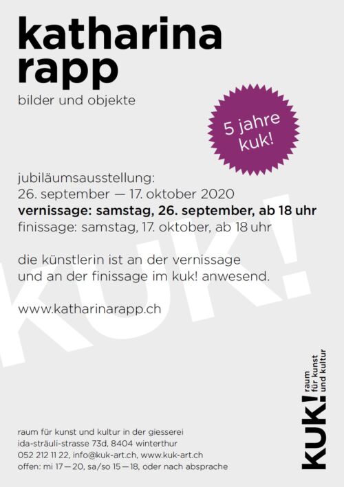 Rückseite des Flyers zur Jubiläumsausstellung «5 Jahre kuk!» mit Katharina Rapp, kuk! Winterthur, 26. September – 17. Oktober 2020