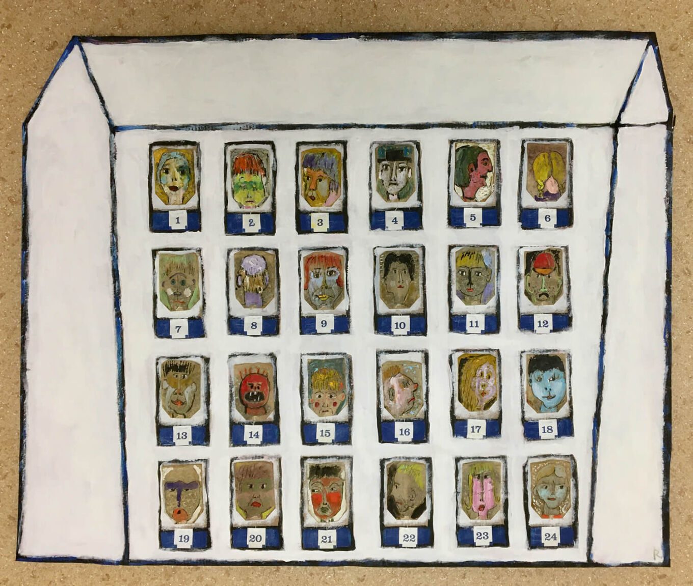 Gebeutelt (Corona), 2021, Karton, Getrocknete Adventskalender-Teebeutel, Tuschestift, Farbe, ca. 58 x 72 cm, Objekt aus der Serie «Häuser IV»
