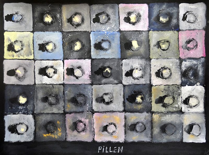 Pillen, 2013, Tempera auf Papier, 23 x 30,5 cm, Malerei aus der Serie «Abschied von Hawaii»