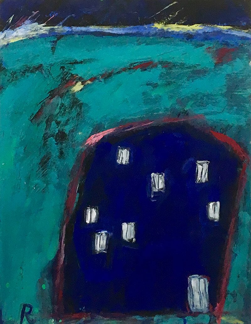 Blaues Haus, 2018, Gouache auf Papier, 64,5 x 50 cm, Malerei aus der Serie «Häuser»
