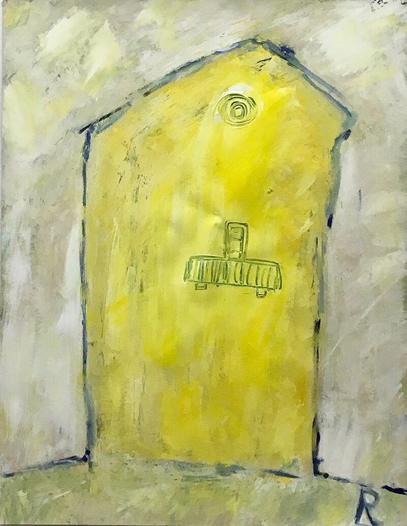 Scheues Gelbes Haus, 2018, Gouache auf Papier, 64,5 x 50 cm, Malerei aus der Serie «Häuser»