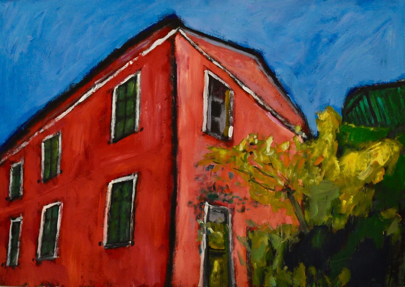 Rotes Haus, 2017, Gouache auf Papier, 70 x 100 cm, Malerei aus der Serie «Italien»