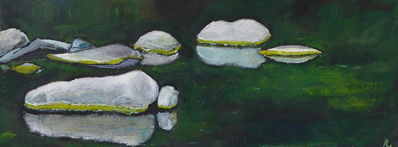 Am Fluss, 2019, Tempera auf Papier, 15 x 40 cm, Malerei aus der Serie «Italien»