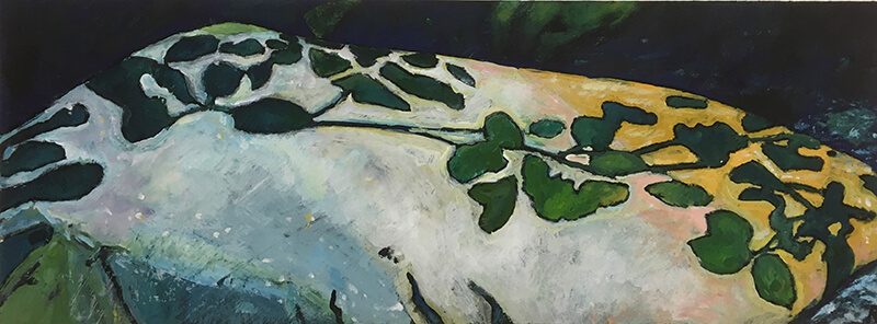 Am Flussufer, 2019, Tempera auf Papier, 15 x 40 cm, Malerei aus der Serie «Italien»