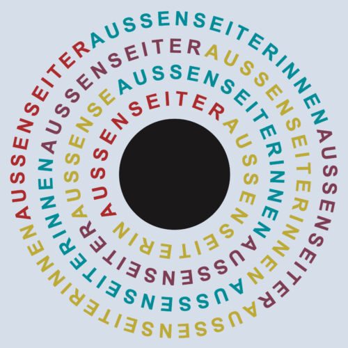 Grafik zur Ausstellung «Aussenseiterinnen – Aussenseiter»: farbige Schriftkreise um einen schwarzen Punkt