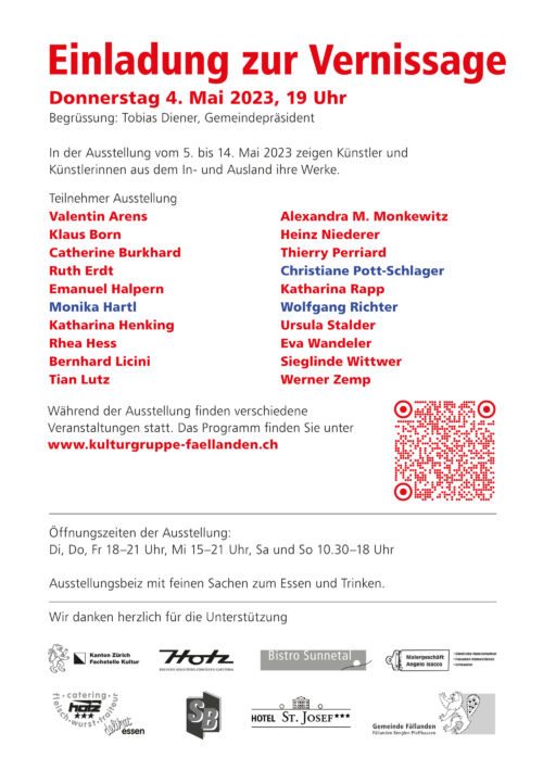 Einladung zur Vernissage «Kunst in der Zwicky 23», Fällanden, 4. Mai 2023, mit Liste der Kunstschaffenden, darunter Katharina Rapp