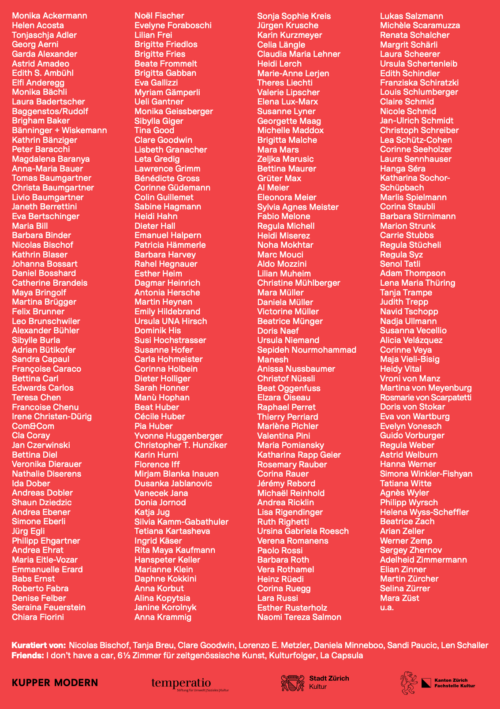 Rückseite des Flyers von Visarte Zürich & Friends mit der Liste der Kunstschaffenden in Weiss auf Rot, Kupper Modern Zürich