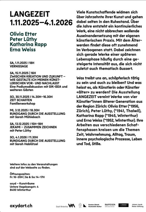 Rückseite des Flyers «Langezeit» mit Olivia Etter, Peter Lüthy, Katharina Rapp und Erna Weiss, Veranstaltungen und Öffnungszeiten, oxyd Winterthur